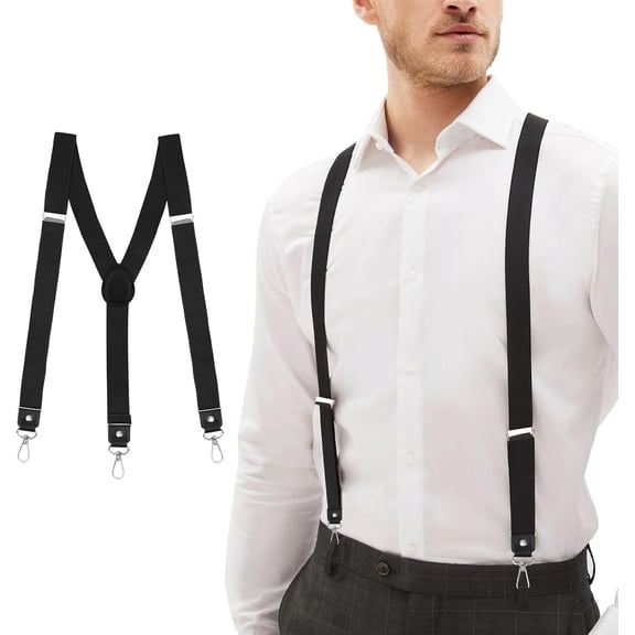 Heavy Duty Black Suspenders - 1 Inch Wide, Adjustable Elastic Straps with 3 Swivel Hooks for Men & Women's Suit Pants