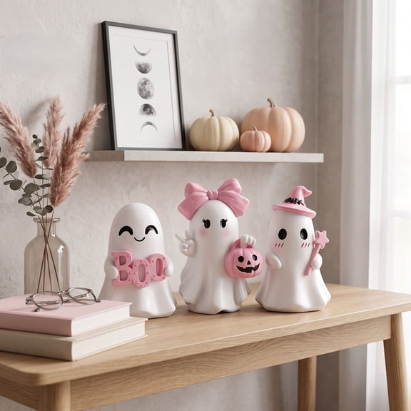 3-Piece Pink Ghost Figurines, Halloween Decor Set, Ghost Ornaments, Cute Non-Scary Ghost Statues with Bow Witch Hat Pumpkin Bucket Designs, Hand-Painted Solid Resin, Compact 3.94 Inch