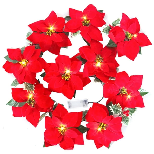 Guirnalda de flores de Pascua navideña, cadena de luces, decoración navideña para el hogar (2 juegos)