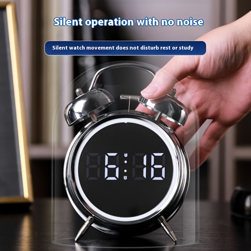 This is a stylish metal alarm clock with a night light and a variety of features, including temperature and date displays. It operates quietly without ticking and has both weekday and weekend alarm s