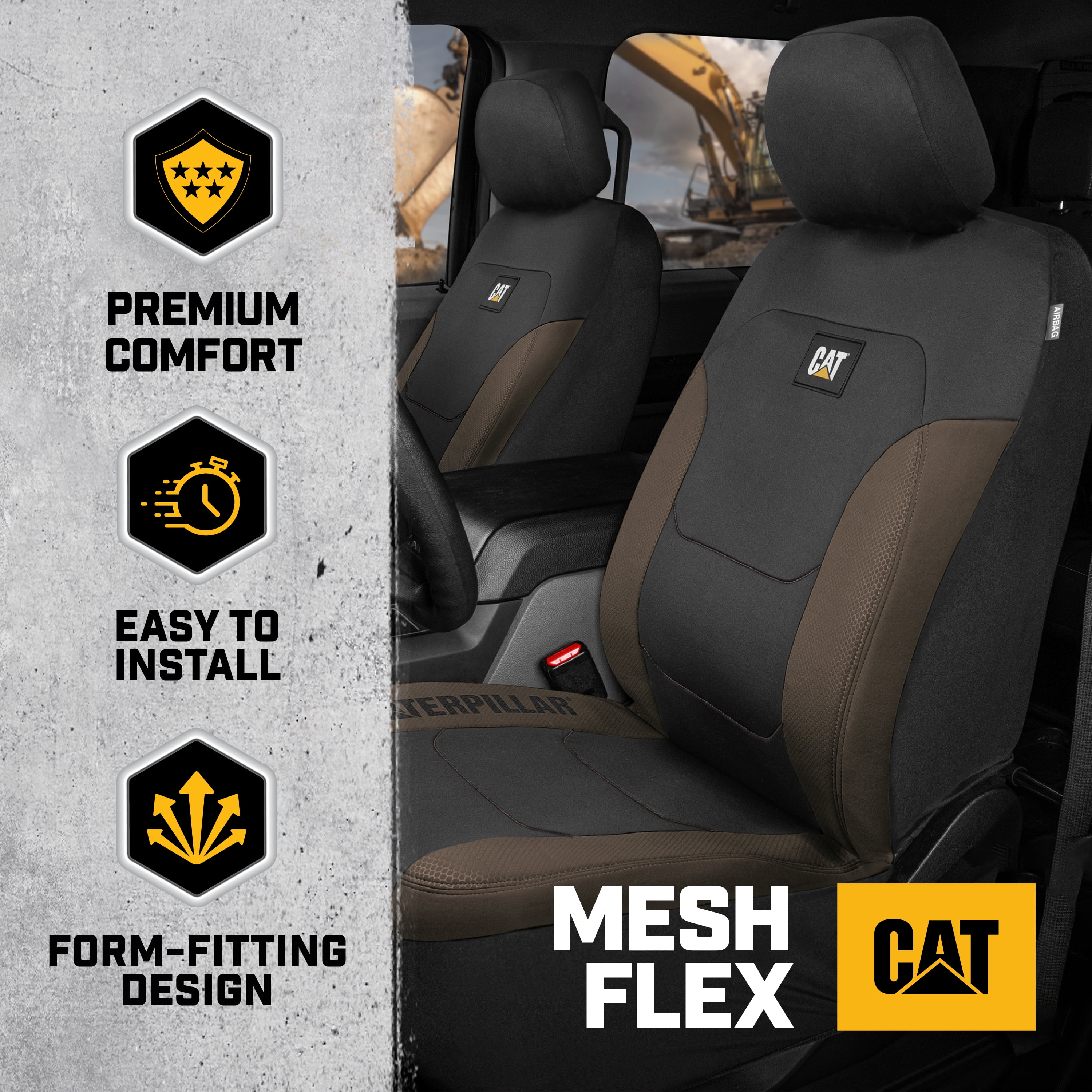 Caterpillar Cat FlexFit Seat Covers for Cars, Trucks, & SUV Seat Protectors - Airbag Compatible Seat Covers, Set of (2)