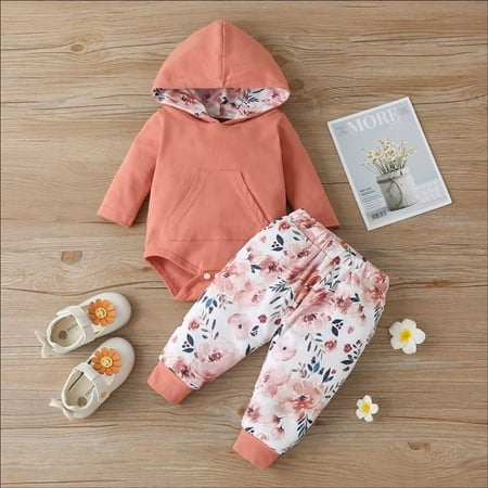 

YEEDISON children s romper baby s autumn and winter hooded romper+flower pattern cotton trousers two-piece set for 0-18M