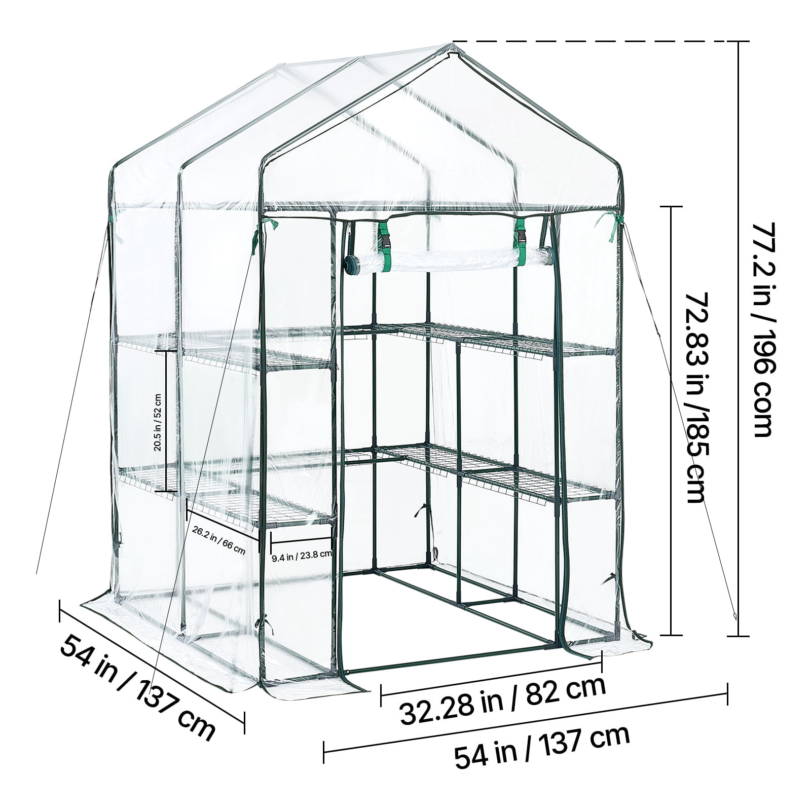 KFFKFF Walk-in Greenhouse, 54" x 54" x 77.2" Outdoor Greenhouse with PVC Cover, 2-Tier 10-Shelf Design, Roll-Up Zipper Door, Portable Garden Hot House for Backyard and Plants