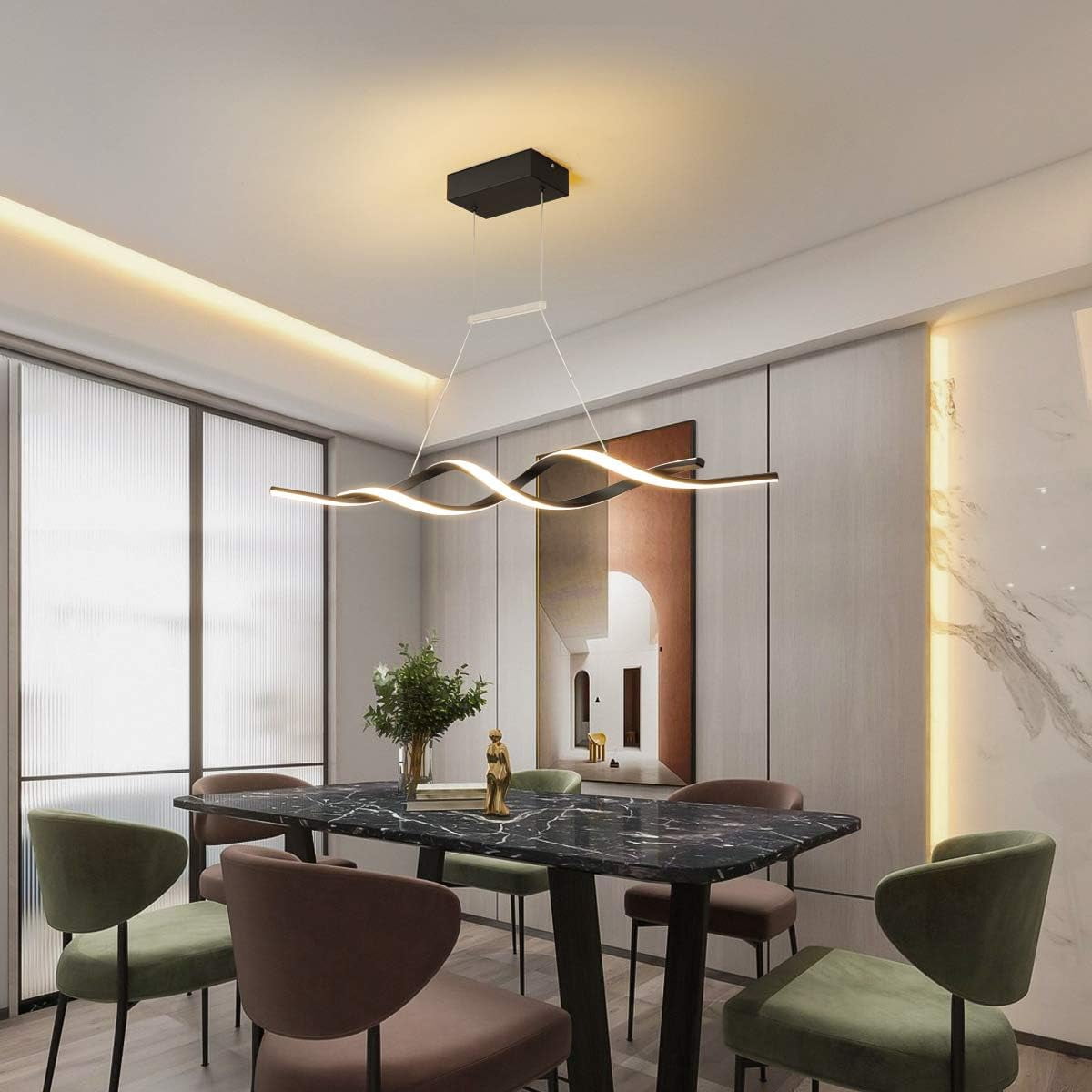 Garwarm Modern Chandelier Light, Dimmable LED Pendant Light with Remote Control, Acrylic Wave Chandeliers for Dining Rooms Bedroom Kitchen Restaurant, 3000K-6000K, 28W, Black