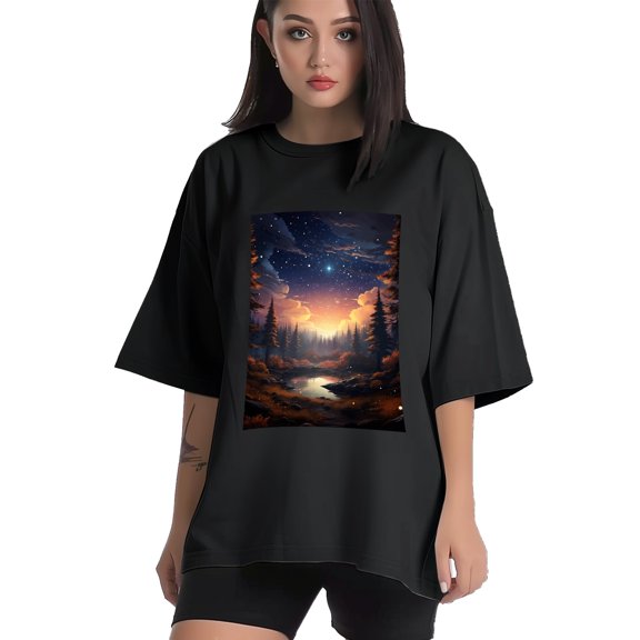 Plus Size Shirt for Women Black Tops for Women Short Sleeves Shirt for Women Night Sky T Shirt Crewneck Shirt for Women XS