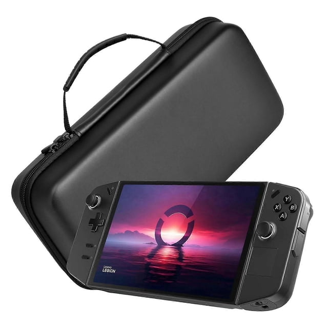 portable carrying case for lenovo legion go 8.8" 2023 hard eva sleeve shell cover travel daily handheld game console skin Estuche rígido negro en vista 3/4 con asa reforzada y doble cierre; exterior de PU resistente al agua y carcasa dura EVA. Junto a un Lenovo Legion Go 8.8" para escala (consola no incluida). Interior forrado en felpa, espacio para cargador y audífonos, soporte plegable integrado y correa velcro para fijar la consola, ideal para viaje y almacenamiento diario.