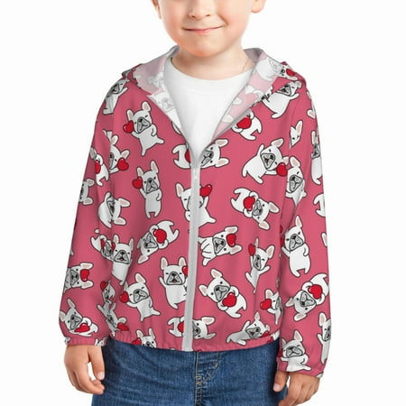 

Ocsxa French Bulldog And Heart Print Kids Active Zipper Sun Protection Jacket Boys Girls Hooded Cooling Shirt-5 Years