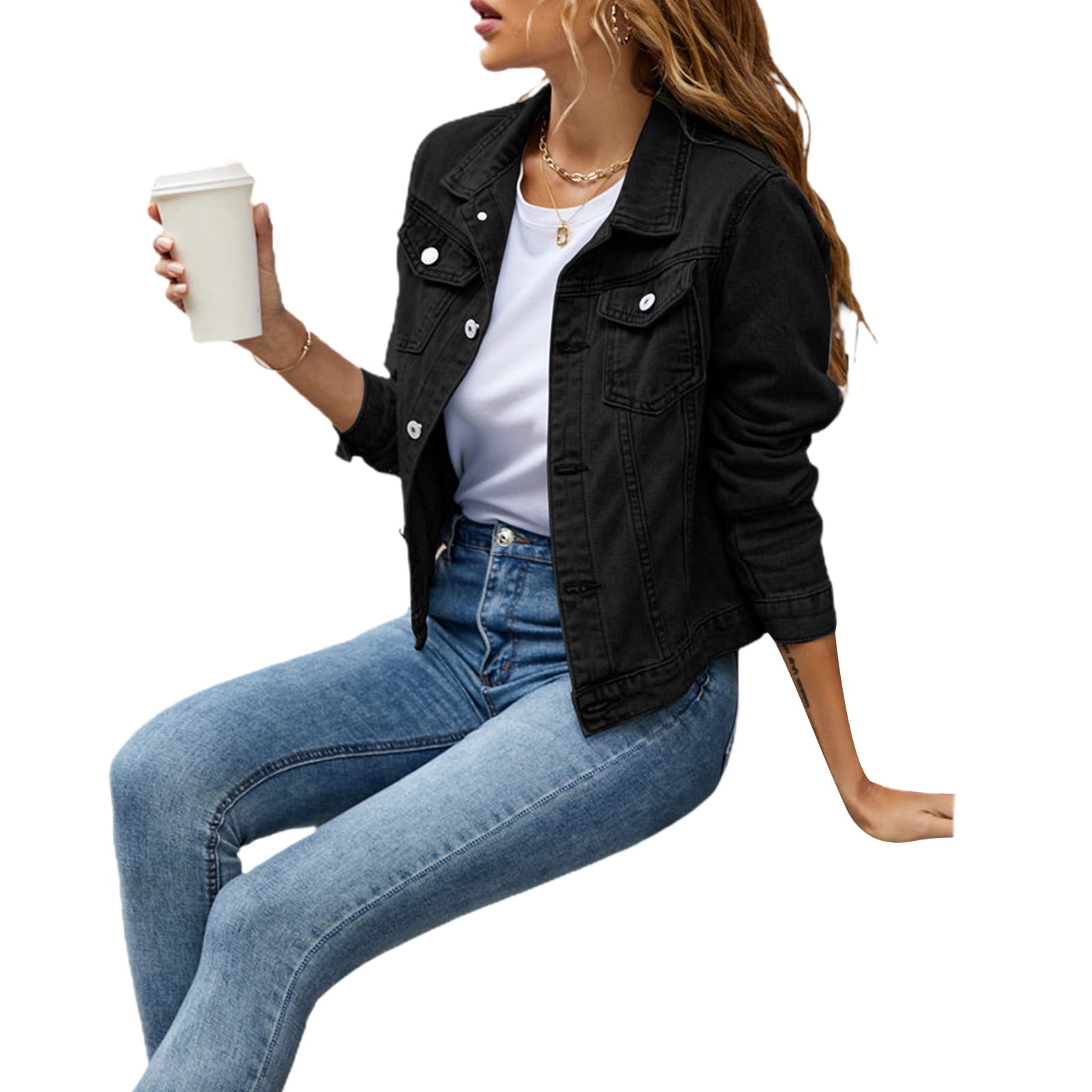 Women's Lightweight Denim Jacket, Casual Long Sleeve, Button