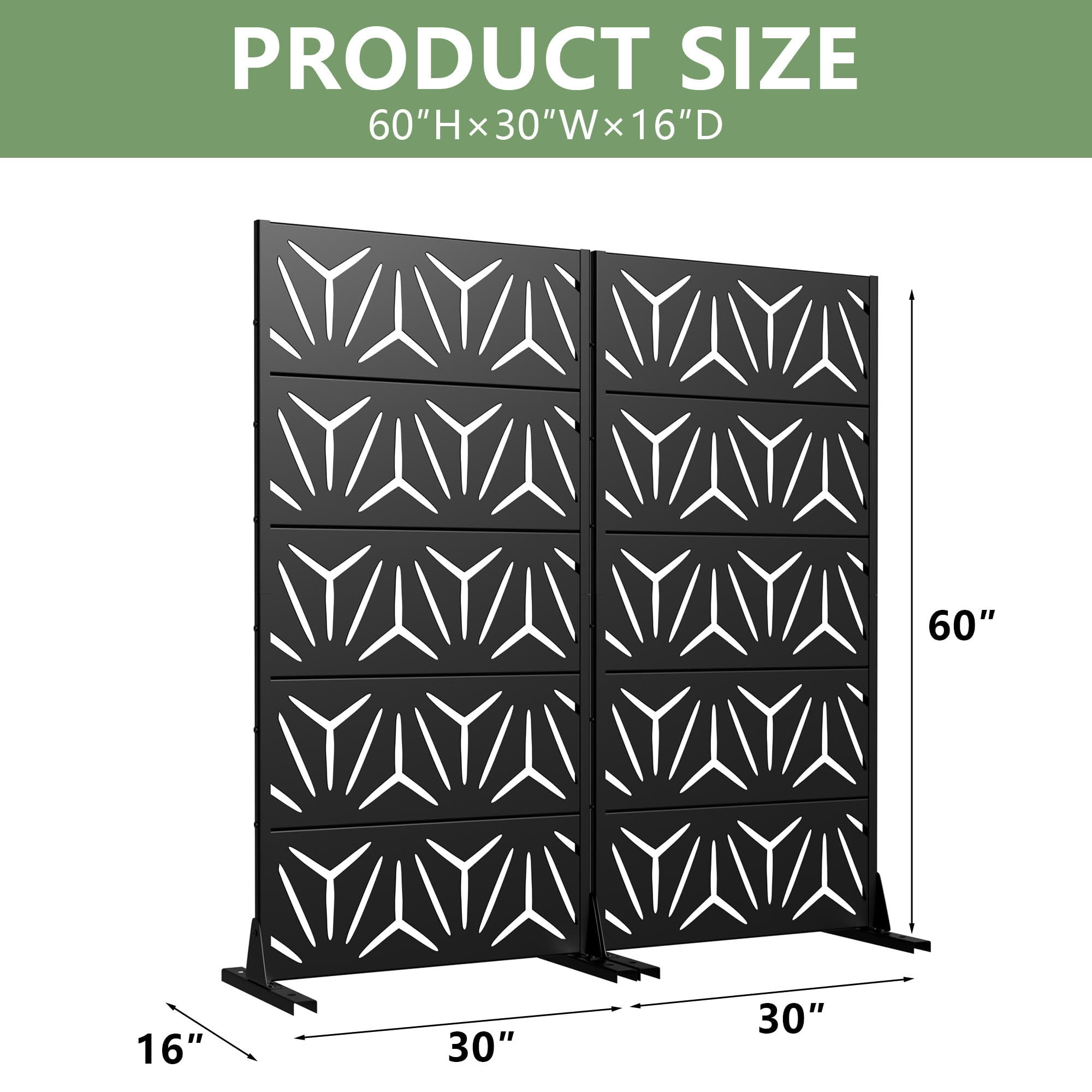 MAYEERTY 2-Piece Outdoor Metal Privacy Screen 5ft Black, 5-Panel Geometric Y-Pattern Decorative Screen for Patio