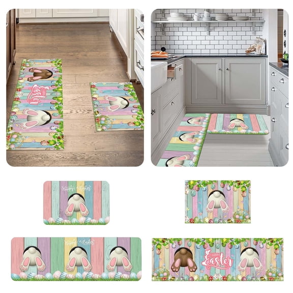 CoreLiving Easter Kitchen Rugs Set of 2 Non Slip Floor Mats with Animal Pattern Spring Bunny Design for Home Decor, 16x24 Inch and 16x43 Inch