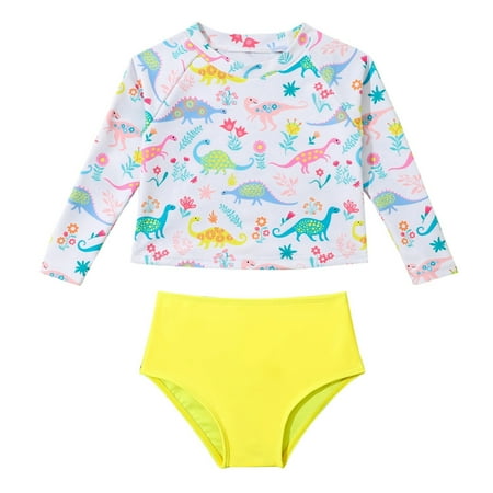 Toimothcn Girl s Bathing Suit Long Sleeve Cute Cartoon Dinosaur Printed 2 Piece Bikini Set Quickly Dry Cover Up Swimwear 9-12 Months
