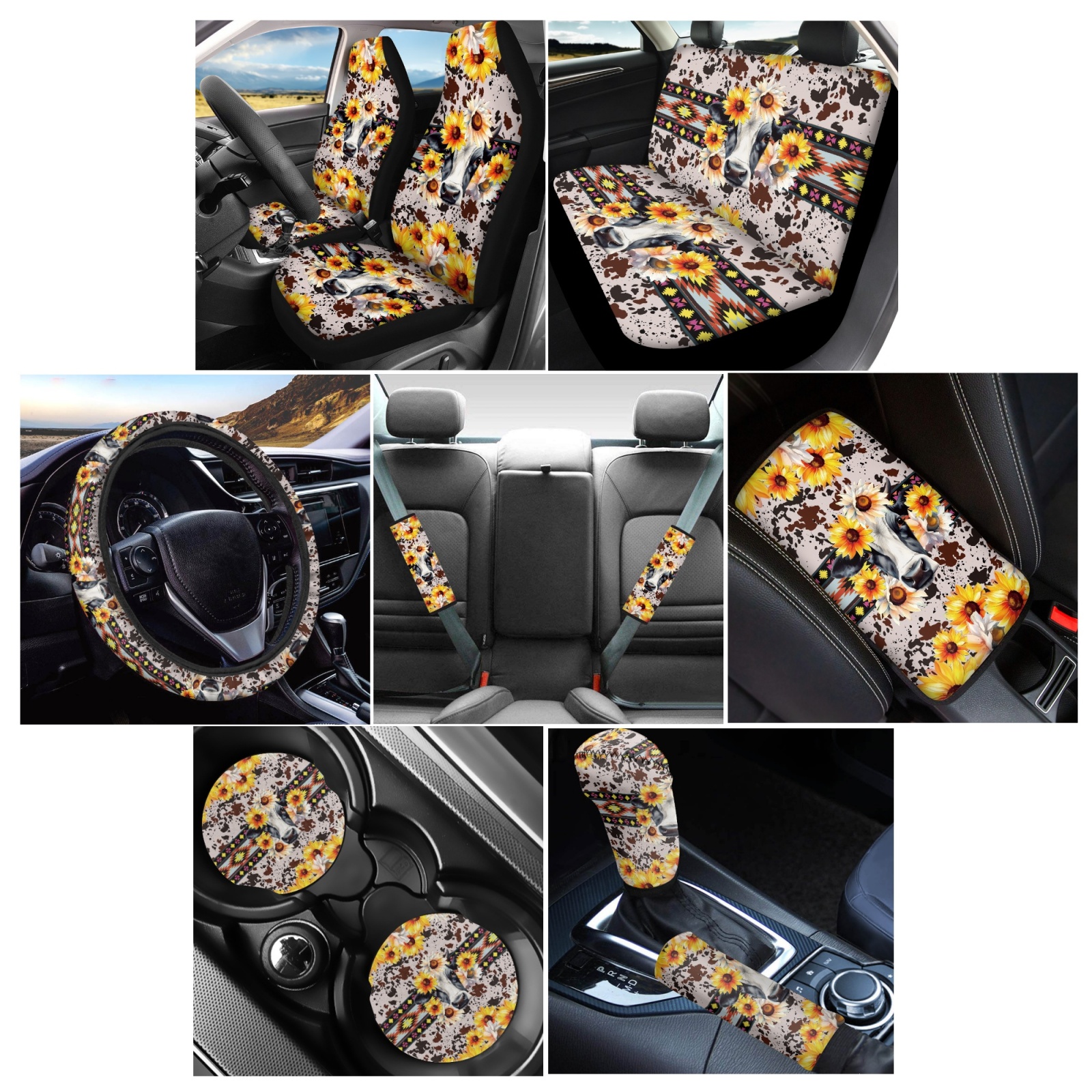 Renewold American Tribal Cow Sunflower Cow Print 12 Pieces Car Seat Cover Auto Steering Wheel Cover, Seat Belt Strap Wrap Cover Armrest Pad Handbrake Cover Gear Shift Cover Cup Holder Coasters