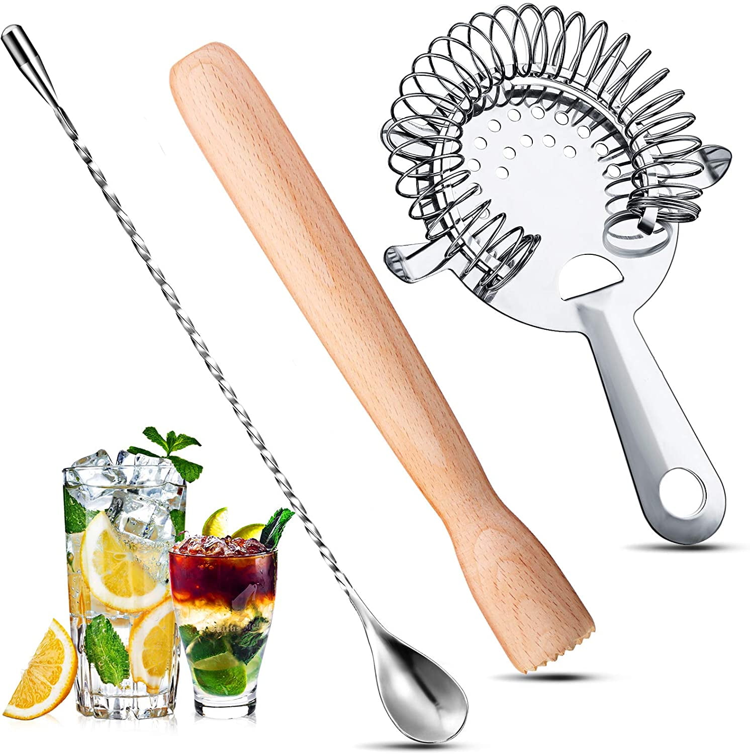 Wood Muddler for Cocktails, 8 Inches Bar Muddler Hawthorne Strainer and