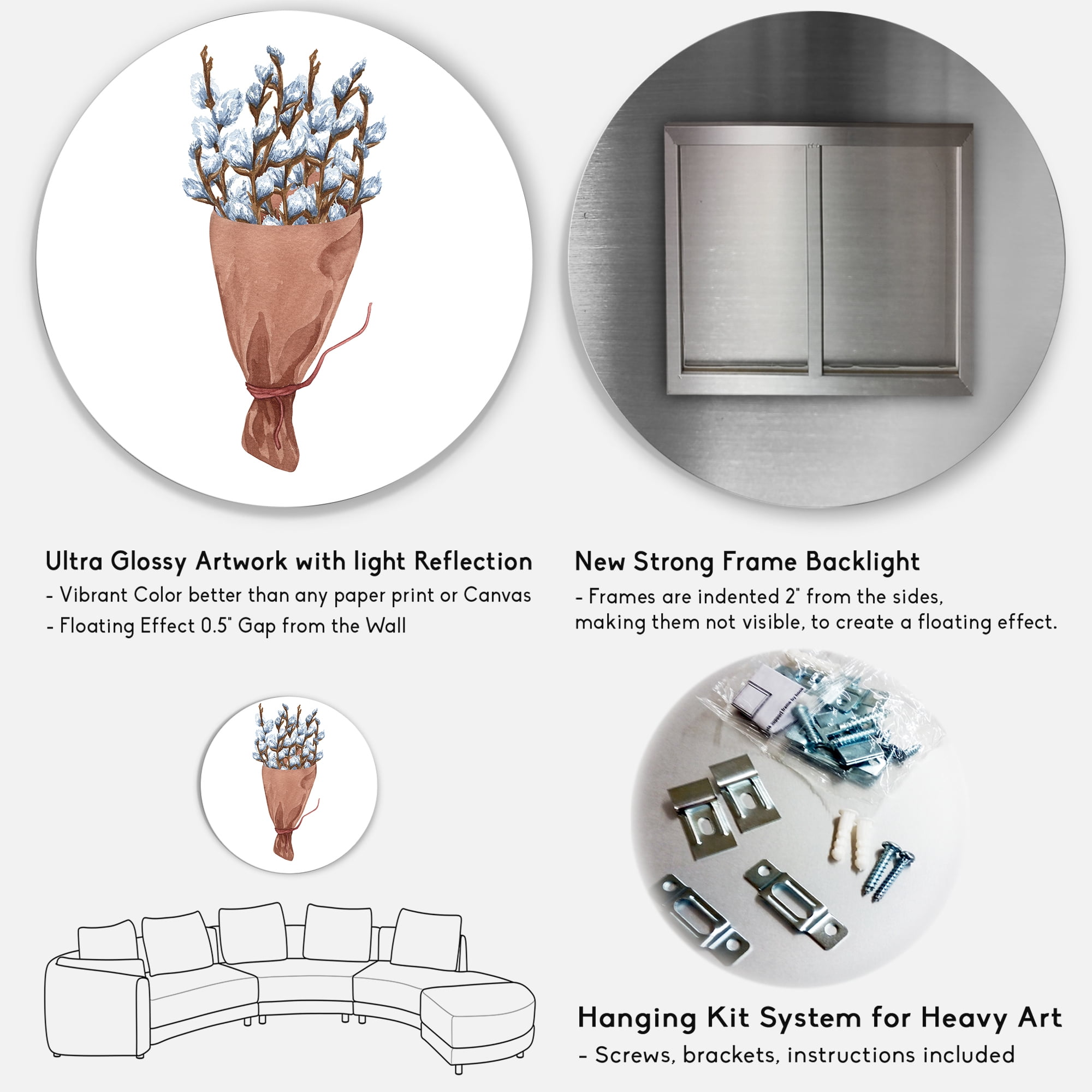 Designart 'Bunch of White Pussy Willow Twigs I' Farmhouse Circle Metal Wall Art 11x11 - Disc of 11