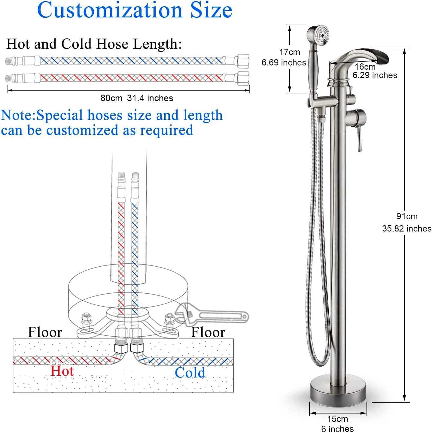 Brushed Nickel Freestanding Bathtub Faucet Floor Mount Bathroom Tub Filler Spout