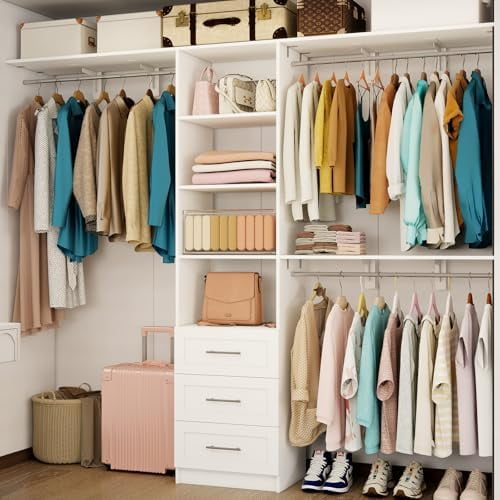 Closet System with Drawers, 5FT-8FT Closet Organizer System with Shelves & Expandable Hanging Rods, 96" Walk in Storage Closet System Wood, White