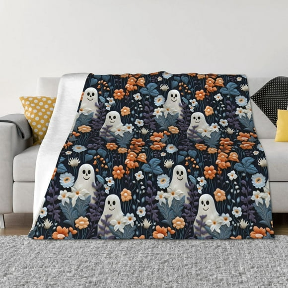Lsque Cute ghost in the flowers Print Flannel Throw Blanket, Ultra-soft Blanket for Bed, Couch, Car, Hypoallergenic Anti-pilling blanket-60"x50"