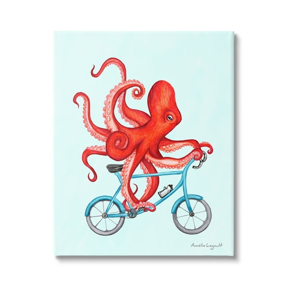 Stupell Industries Red Octopus Tentacles Riding Blue Bike Bicycle Graphic Art Gallery Wrapped Canvas Print Wall Art, Design by Amelie Legault