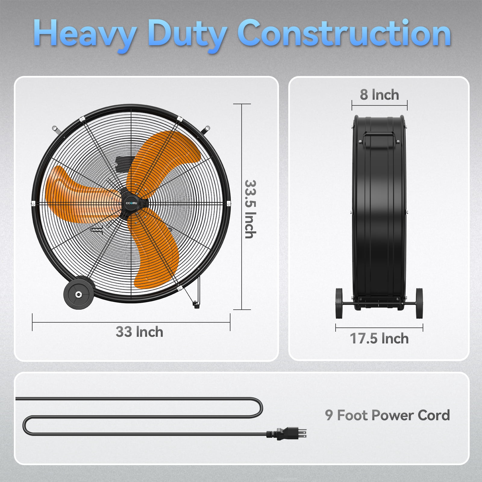 30" Industrial Drum Fans, 3-Speed Professional Outdoor Fan, With Metal Wheels, 14000 CFM, for Commercial, Factory and Garage, UL Listed