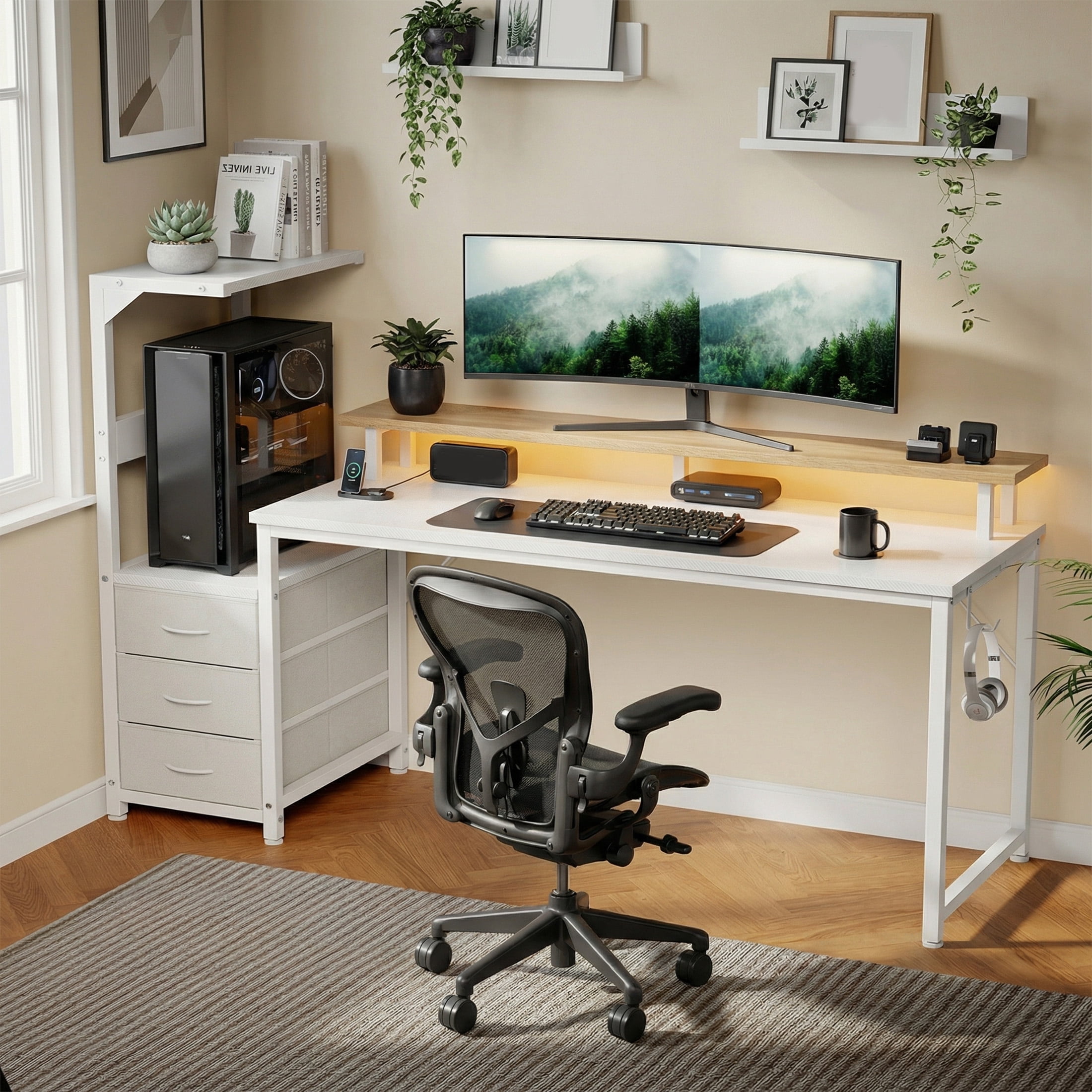 edx 59" Gaming Desk, USB Ports & LED Lights, Reversible Table with Monitor Stand for Home Office, Carbon Fiber White