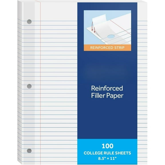 Enhanced filler paper, 8.5 x 11 inches, college-ruled, 3-hole punched, lined loose-leaf paper for binders, 100 sheets, white