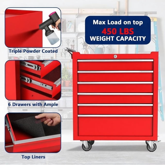 Professional 6-Drawer Rolling Tool Chest - Lockable Metal Storage Cabinet with Wheels, Drawer Liners, Portable Toolbox Cart for Garage or Workshop Organization, Red