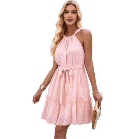 Women'S Backless Summer Sleeveless Chiffon Dress Ruffled Mini Bohemian Beach Sundress Pink S