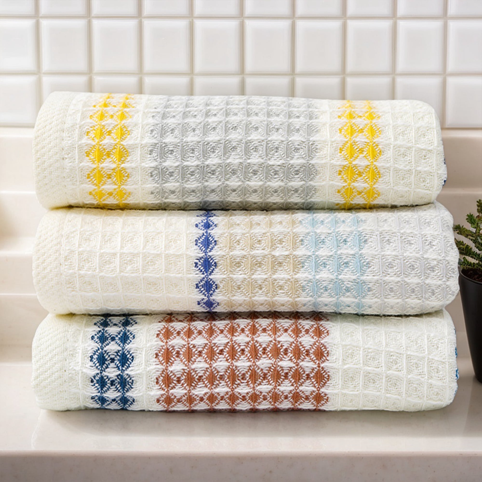 REGALWOVEN Waffle Striped Hand Towels for Bathroom, Soft Absorbent Cotton Decorative Hand Towel Set (13 x 29 Inch) Blue Yellow 2-Piece