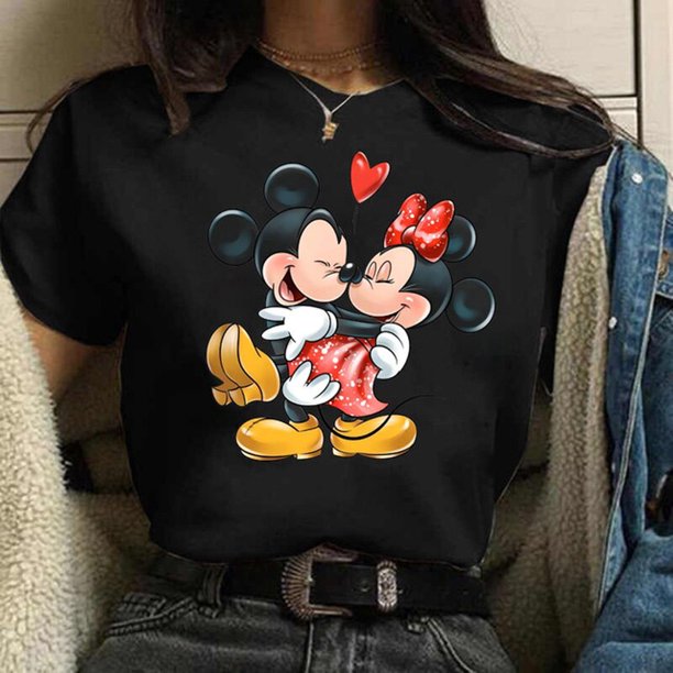 KISS Mickey and Minnie Cute Women's Top O-Neck Summer Women's T-Shirt Kawaii Mickey Mouse Casual TopXL Gao Jinjia LED