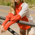 thumbnail image 6 of Ladies' Loose and Comfortable Contrasting Color Design with Lantern Sleeves Semi High Neck Long Sleeve Hoodie for Fashion,Saffron,L, 6 of 6