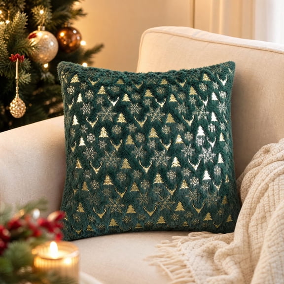 Christmas Throw Pillow Covers with Snowflake Antler & Christmas Tree Embroidery, 18x18| Hot Stamping Pattern, Soft Velvet, for Sofa Bed Chair, Home Xmas Decorative Cushion Covers
