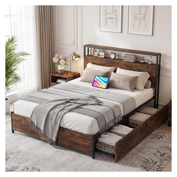 Queen Platform Bed Frame 14 Inch Industrial Metal with Wooden Headboard 4 Storage Drawers No Box Spring