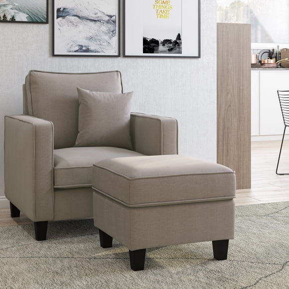 CorLiving Georgia Linen-Like Polyester Upholstered Square Ottoman with Wood Legs, Taupe