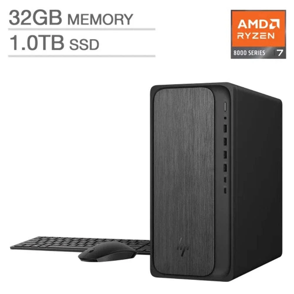 HP OmniDesk Tower Desktop Computer with AMD Ryzen 7 8700G, 32GB DDR5 RAM, 1TB SSD, Windows 11 Home, Radeon 780M Graphics, Wi-Fi 6, Bluetooth 5.4, M02-0127c