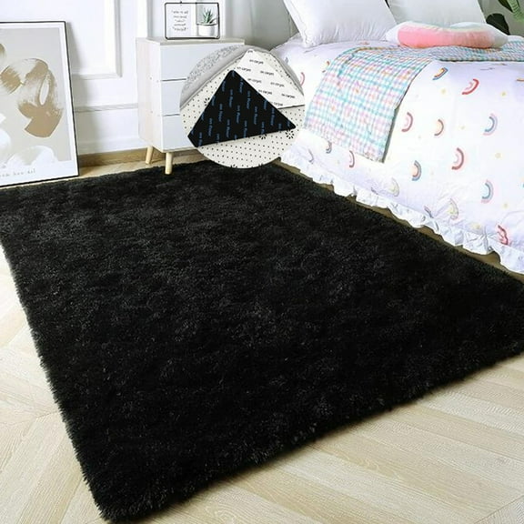 FUDAKUNA Fluffy Plush Black Area Rug 39" x 63" Soft and Comfortable Shaggy Non Slip Backing Carpet for Bedroom Nursery Living Room