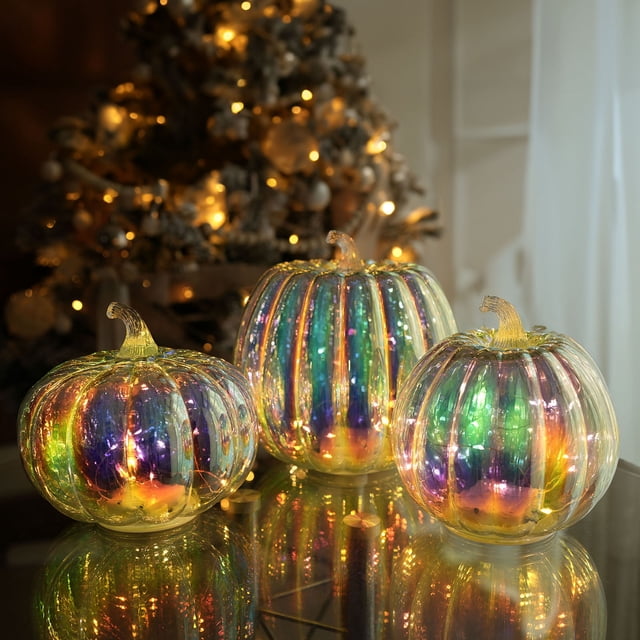 Musbetu Glass Pumpkin Light Battery Operated LED Pumpkin Lantern Fall Lighted Pumpkin Table Centerpiece for Halloween Thanksgiving Home Decor