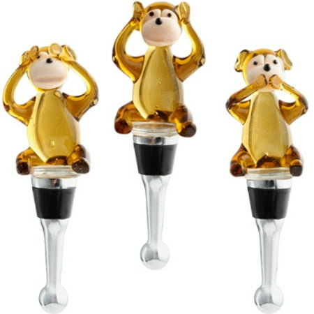 Glass Wine Stopper - See Hear Speak No Evil Monkeys Glass Wine Bottle Stoppers Set of 3