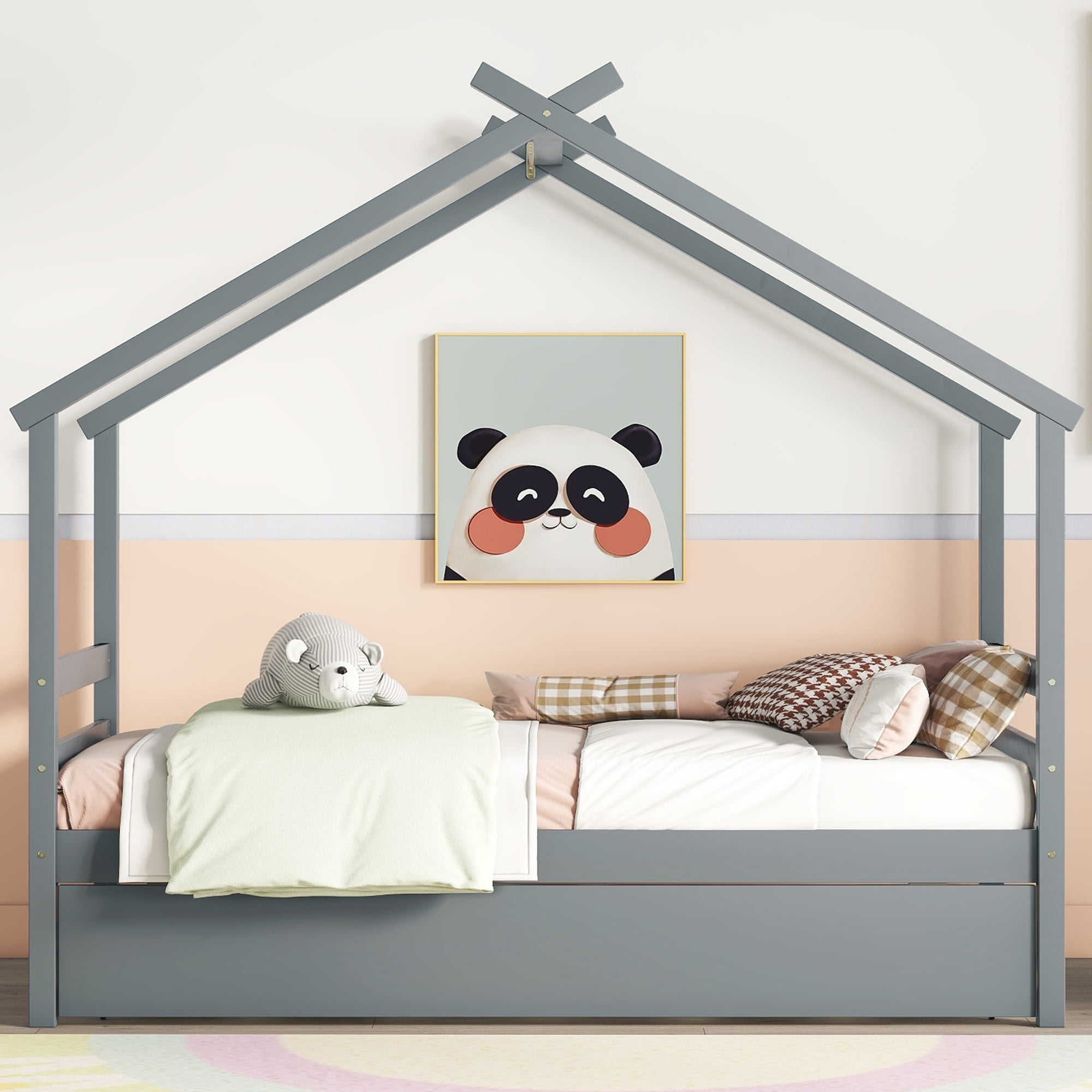 Miniyam Twin Size Bed Frame with House-shaped Roof & Trundle for Kids, Boys/ Girls, White