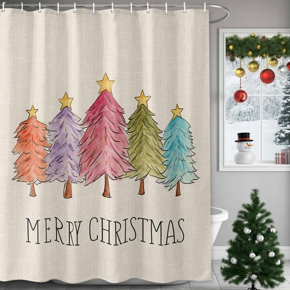 Merry Christmas Shower Curtains for Bathroom, Colorful Xmas Tree Waterproof Fabric Shower Curtain for Bathroom Bathtub Decoration, Machine Washable, 60"x72"