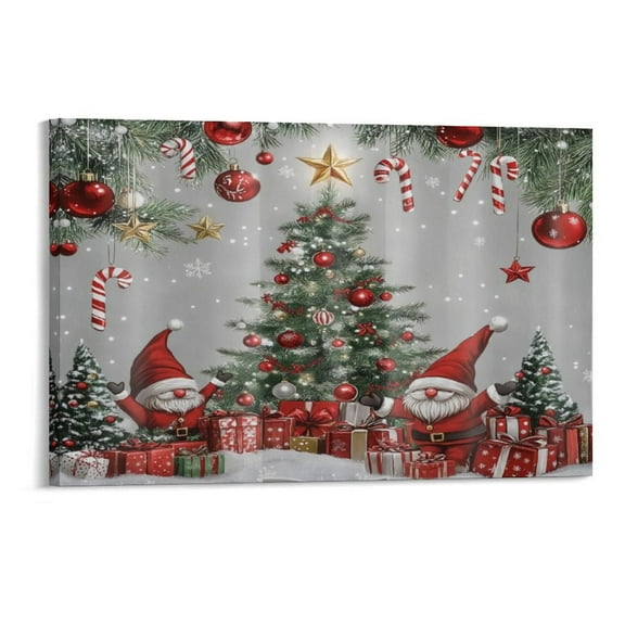 Christmas Tree Funny Gnome Red Xmas Ball Candy Cane Snowflake Canvas Prints Wall Art，Winter Scene Decor Wooden Framed for Living Room Bedroom Office 12×8 inch
