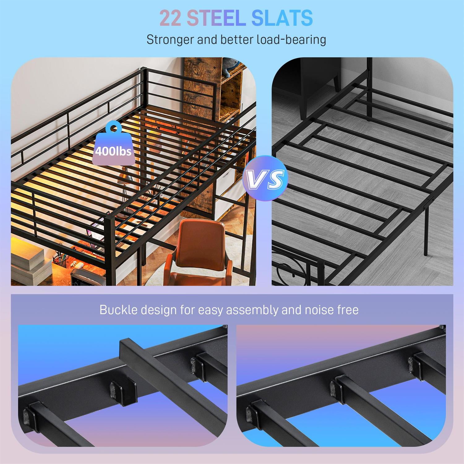 Demi Bonn 78" Modern Metal Frame Loft Bed with Desk and Charging Station, LED Lights, for Teenagers and Guests, Black