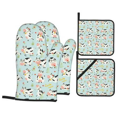 

Oven Mitts and Pot Holders Sets 4 pcs Cute Cows Non-Slip Oven Gloves Potholders Soft Quilted Lining Heat Resistant Gloves Hot Pads for Kitchen Cooking Baking