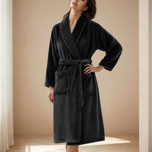 Soki Premium Womens Plush Soft Robe Fluffy, Warm, Fleece Sherpa Shaggy Bathrobe Black 3XL