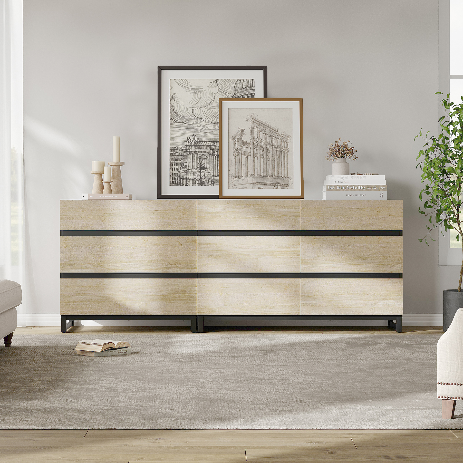 WAMPAT 2 in 1 Dresser for Bedroom, Closet Organizers and Storage with 9 Drawers, Chest of Drawers with Metal Base, Modern Wood Dresser for Bedroom, Light Oak