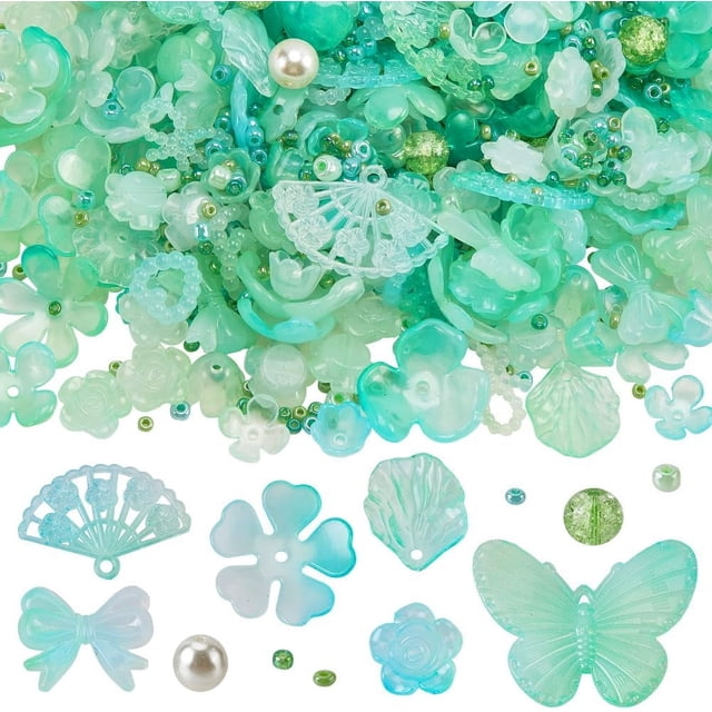 Kit de 7 estilos de cuentas para uñas (160 g + 80 piezas) con dijes de mariposa para uñas, cristales de vidrio verde surtidos, mariposas 3D, miniadornos, dijes de cuentas de semillas.