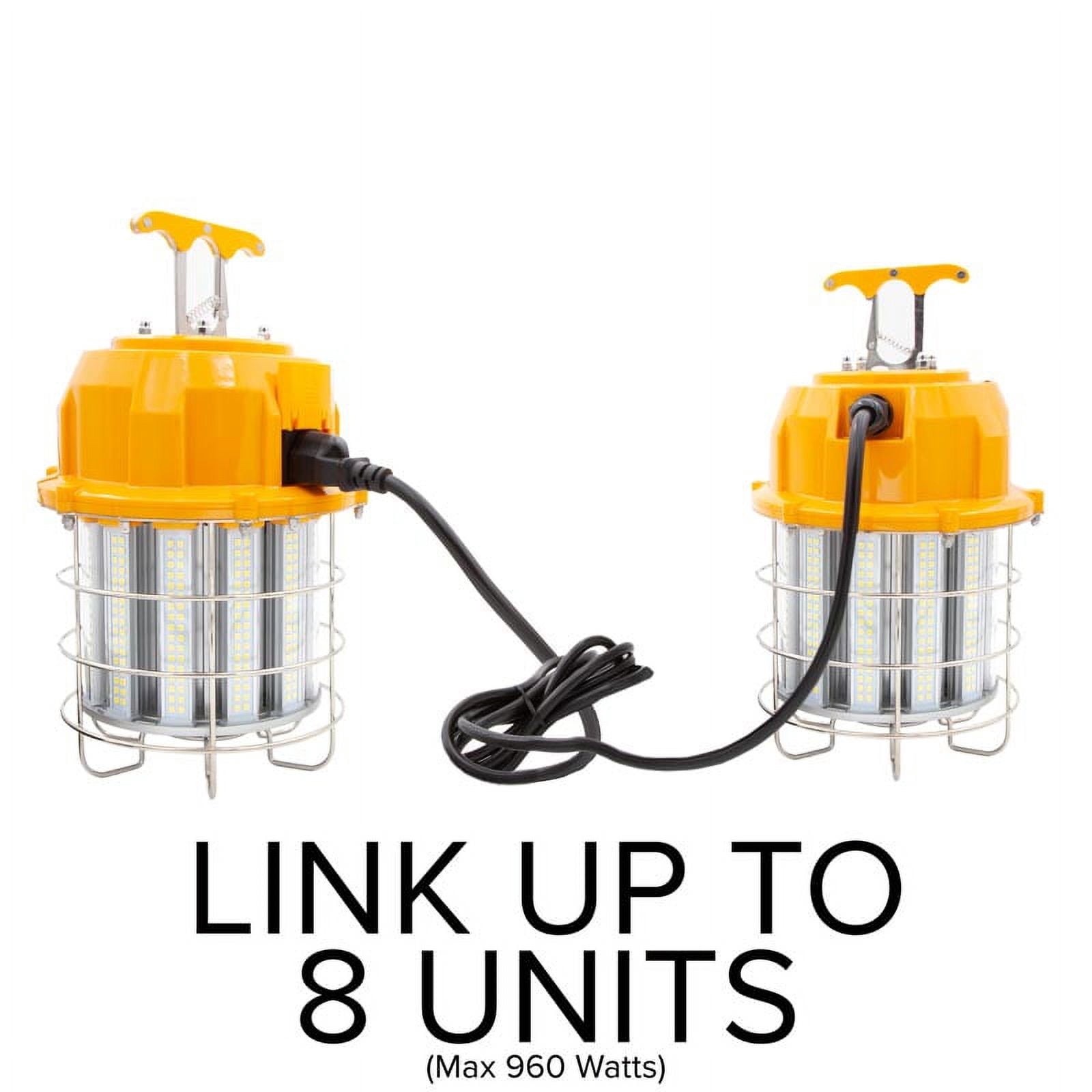 Maxxima High Bay LED Temporary Work Light Fixture - 100 Watt 12000 Lumens, Daylight 5000K, IP65, Linkable, Stainless Steel Cage Guard, Easy Latch to Mount, Plug in with Surge Protection