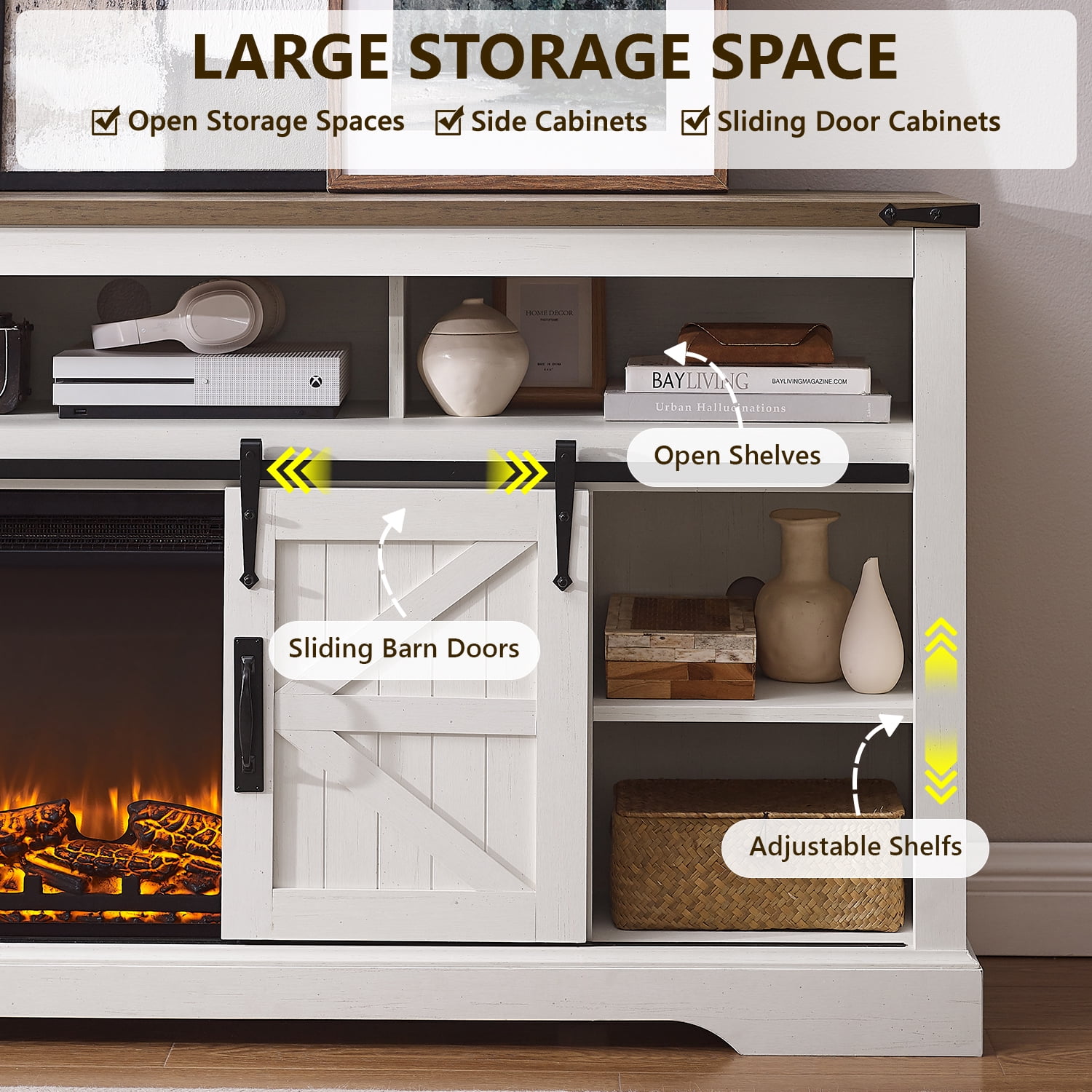 KeyWhat Farmhouse Fireplace TV Stand for TVs up to 80", 37" Electric Fireplace & Barn Door