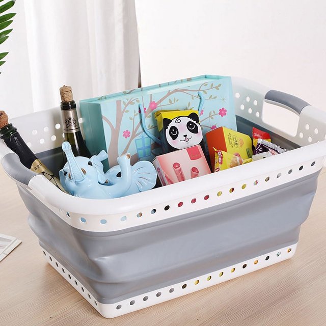 Cesta de lavandería de plástico plegable de 42 l (11 galones) - Contenedor/organizador de almacenamiento emergente plegable - Cesto/cesto para ahorrar espacio (1, blanco/gris)