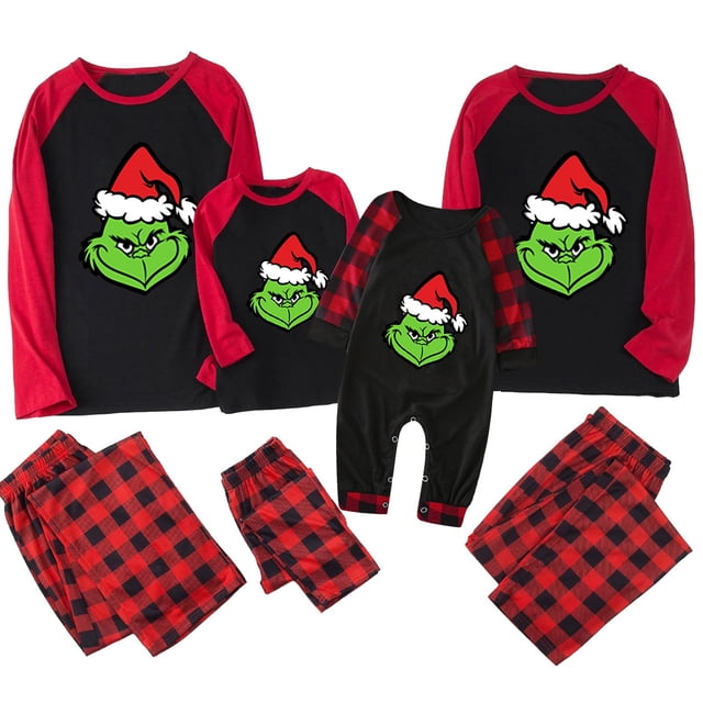 Conjuntos de pijamas navideños familiares a juego Grinch 2024, pijama de Grinch con parte superior y pantalones de pijama a cuadros, pijama de Grinch para niños y adultos para la familia, 9 Meses