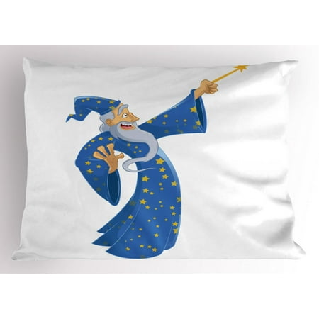 Wizard Pillow Sham, Cartoon Smiling Old Man in Starry Costume Casting a Spell Abracadabra, Decorative Standard Size Printed Pillowcase, 26 X 20 Inches, Blue Yellow Pale Grey, by Ambesonne